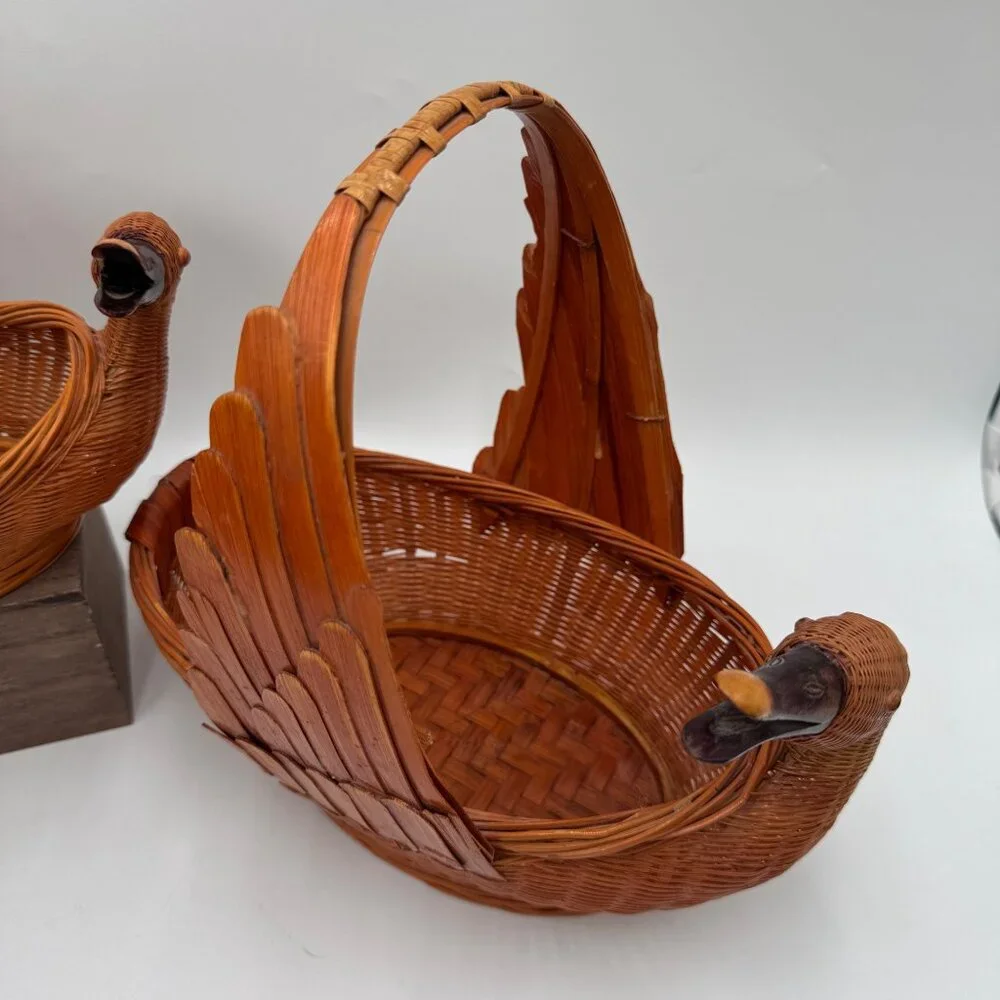 Goose or Swan Duck Nesting Baskets 1970s Mid Century Woven Wicker Rattan & Bambo